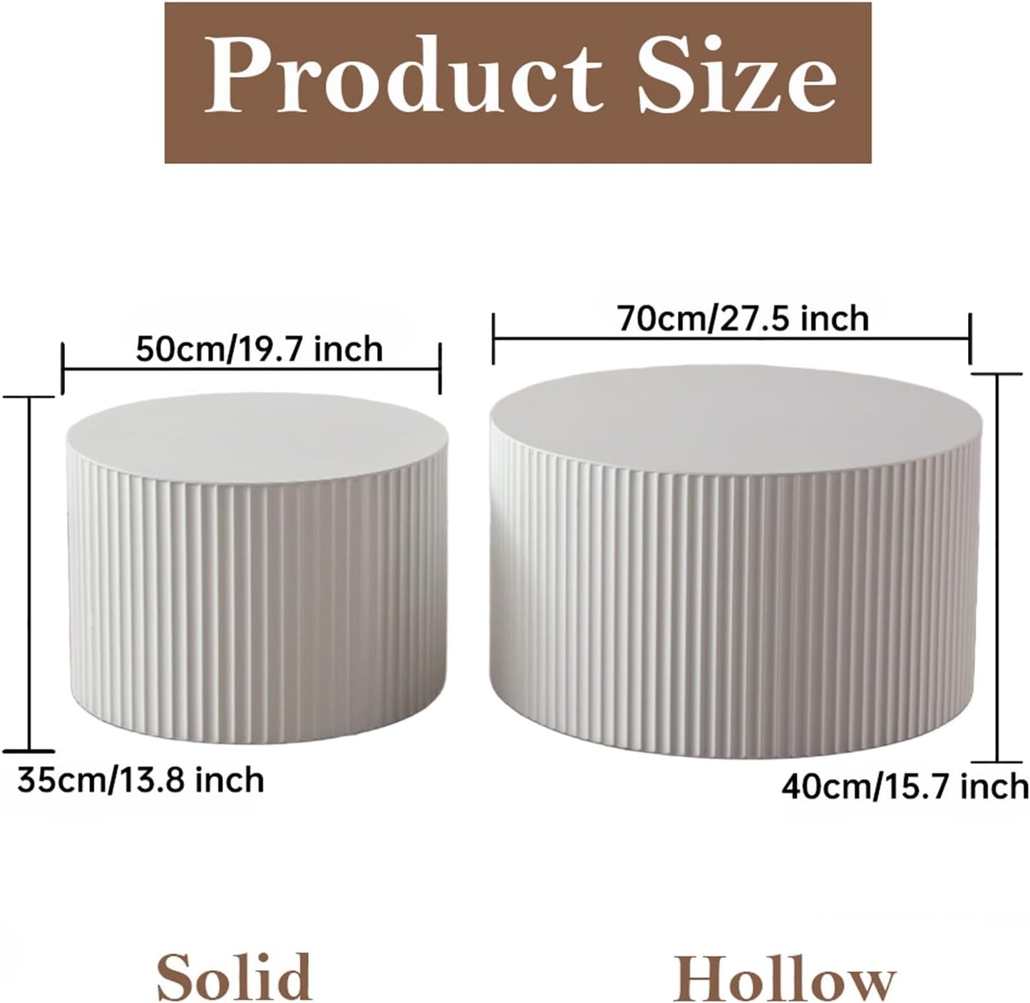 Round Nesting Coffee Table White Round Fluted Coffee Table Set of 2 for Living Room Small Circle Drum Nested Coffee Tables (White B 27in)