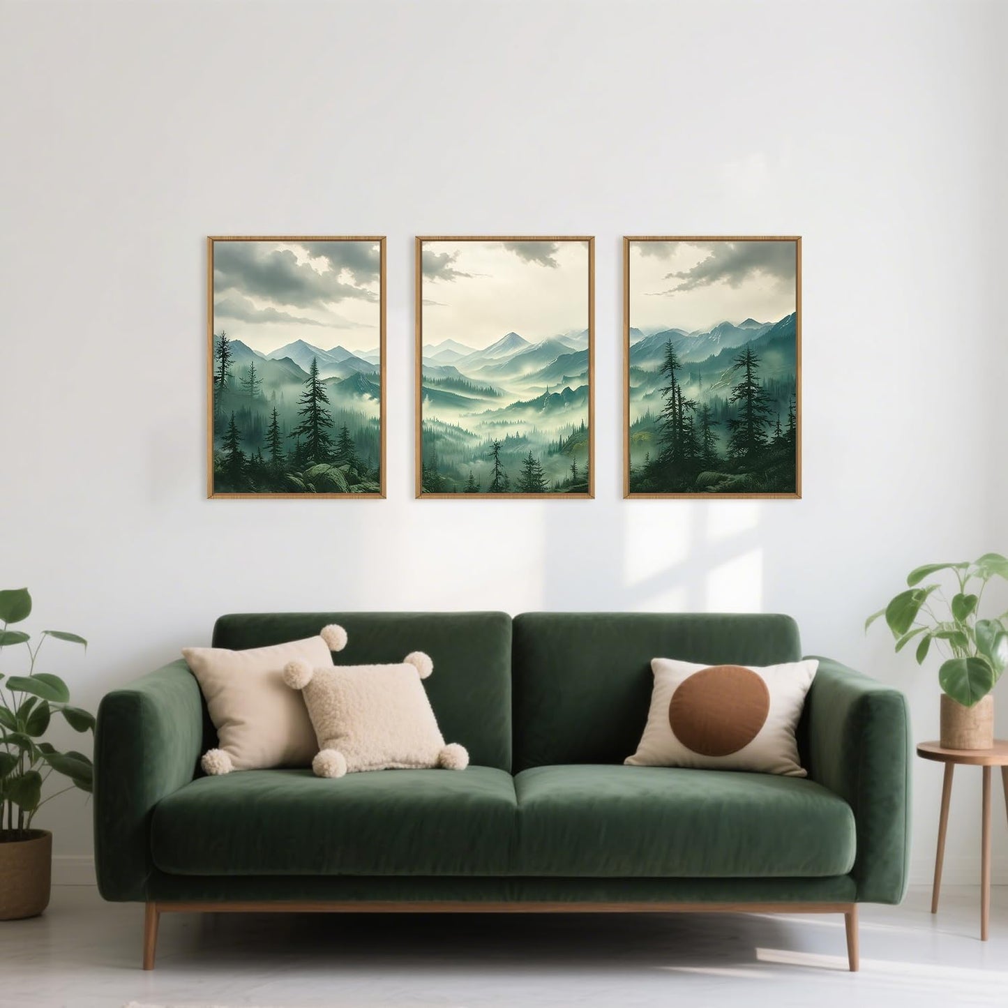 Celestdeco Green Foggy Mountain Framed Canvas Wall Art Set, Misty Forest Wall Decor, Watercolor Pine Tree Wall Painting, Large Nature Landscape Art Print for Living Room, Bedroom, Office - 24"X36"X3