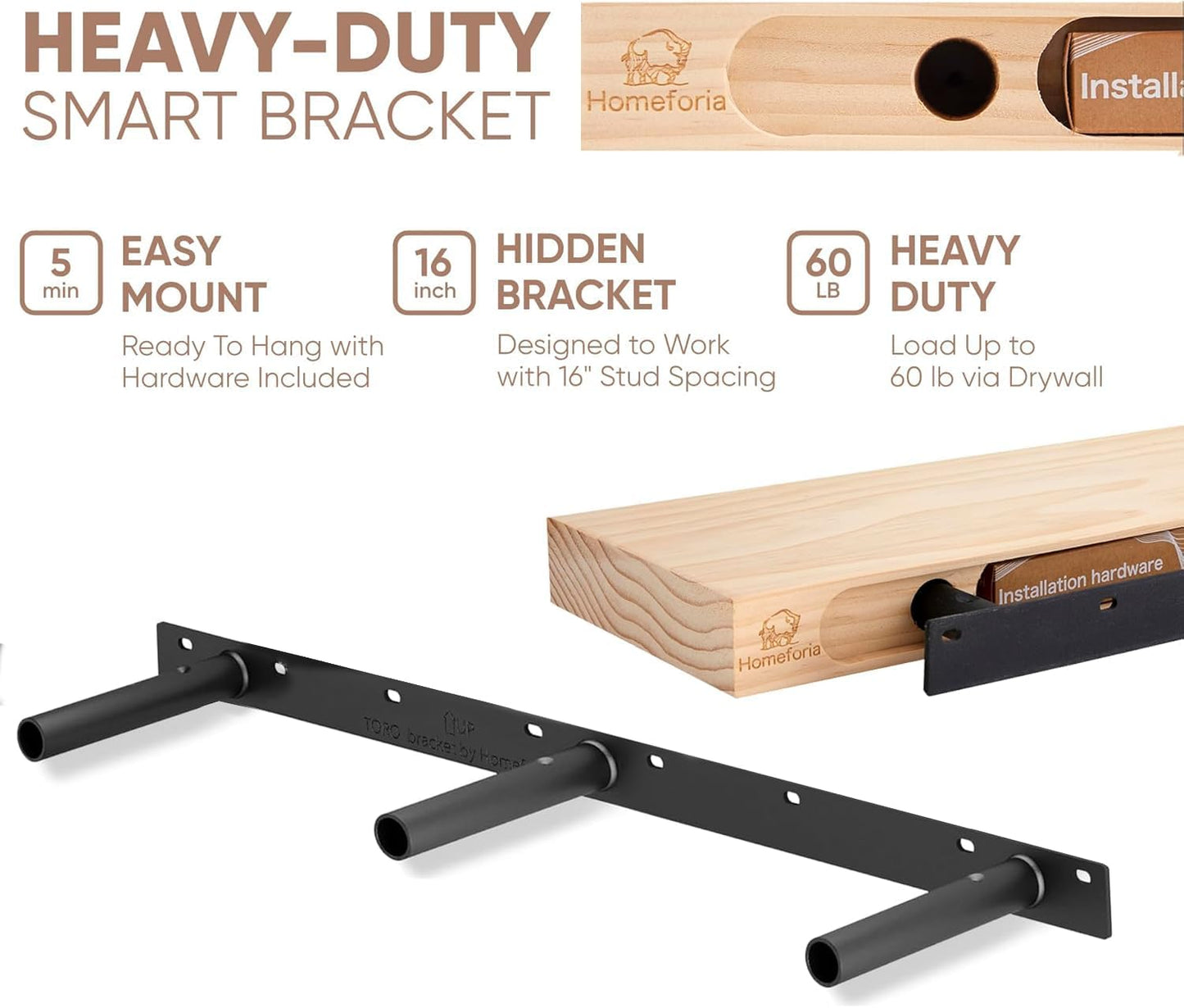 Homeforia 60 inch Wood Floating Shelf, High End Solid Natural Long Wood Shelf for Wall 60 inches, Unfinished Wooden 60inch Large Floating Shelves, Heavy Duty Bracket, 60 X 6.5 X 1.75 in, Set of 2