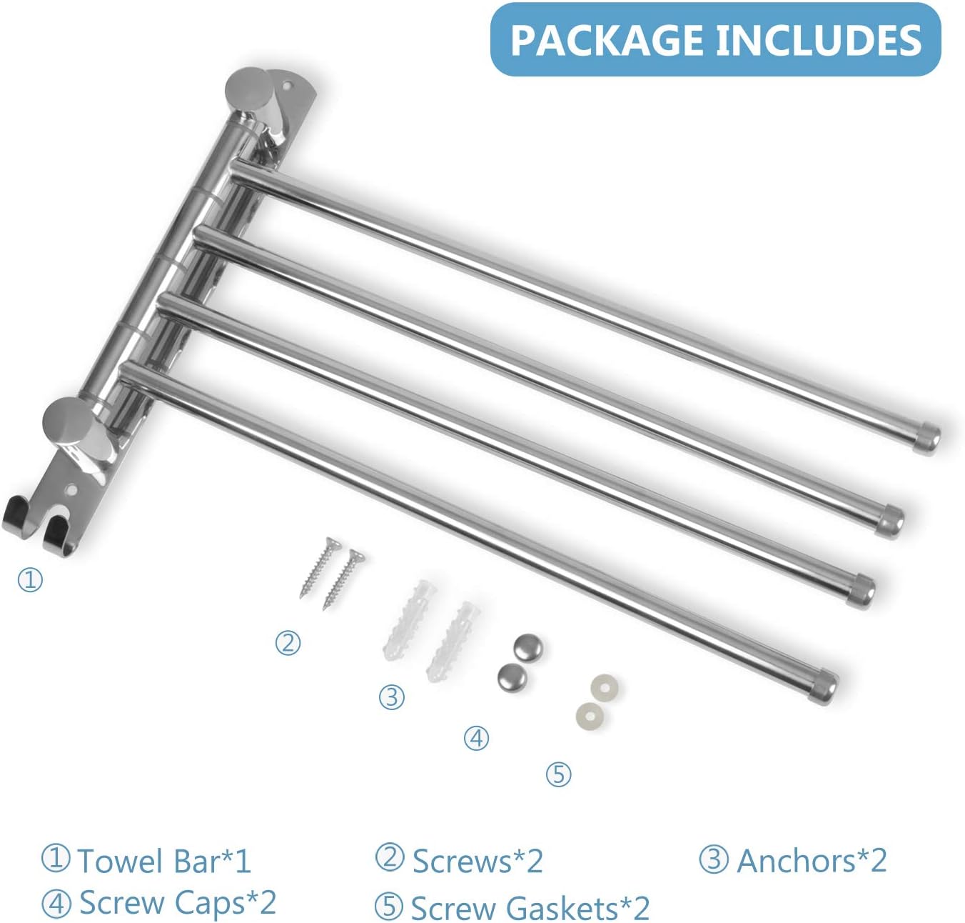 Bathroom Towel Rack JSVER 4 Arms Swivel Towel Holder, Towel Bar Wall Mounted, SUS304 Stainless Steel Space Saving Towel Rack, Towel Racks for Bathroom, Kitchen