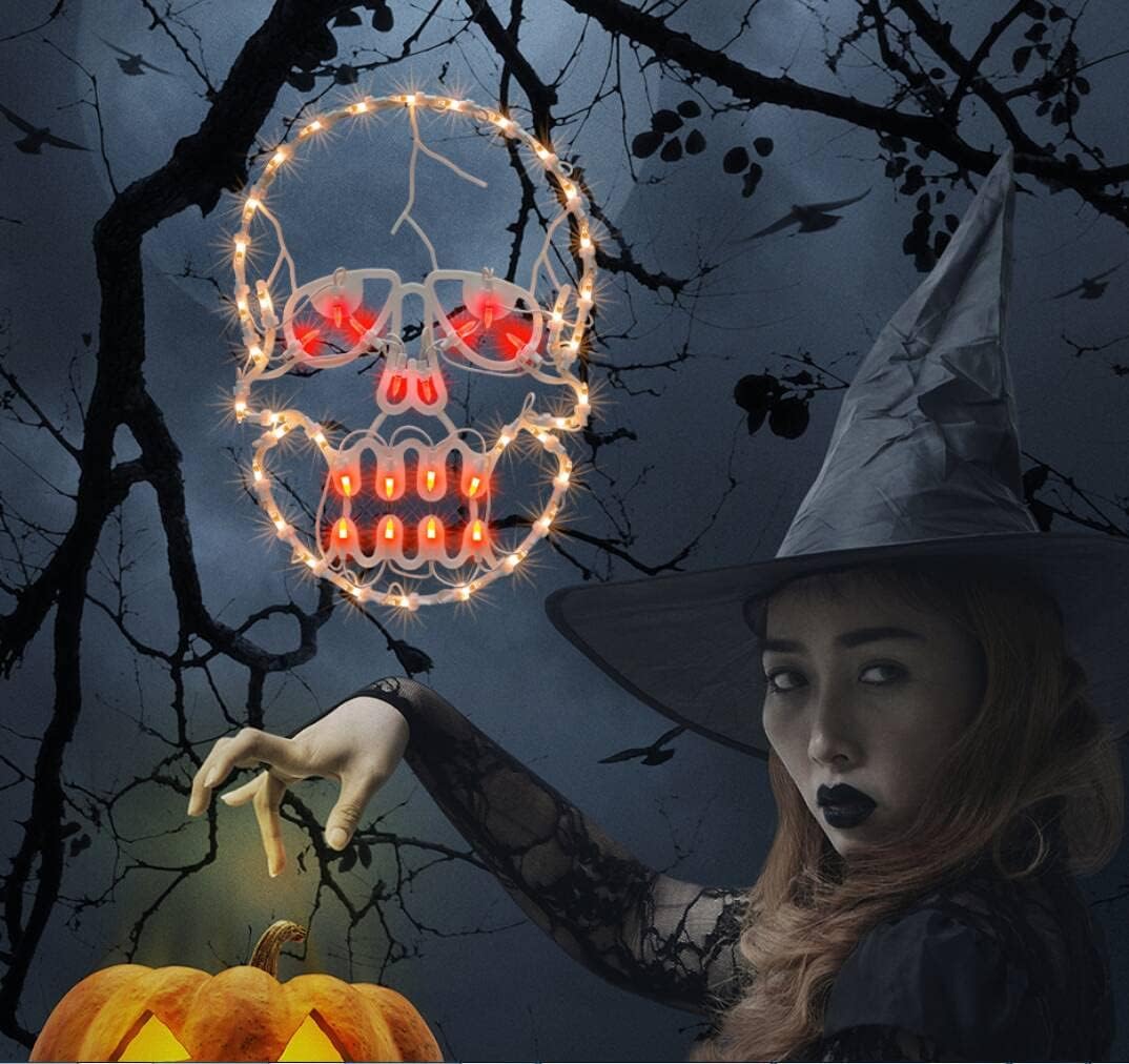 13.3" Lighted Skull Halloween Window Silhouette Decoration,Halloween Lighted Window Decoration,Hanging Light Up Holiday Ornament (Skull Light)
