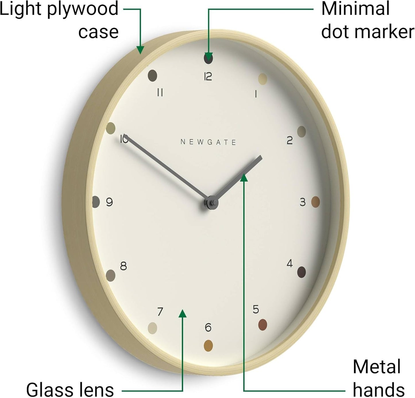 NEWGATE® Mr Clarke Wall Clock | Large Scandi Inspired Plywood Clock | 16 inch | Pale Wood case with Designer dot dial | Modern Minimalist Design for Kitchen, Living Room or Office