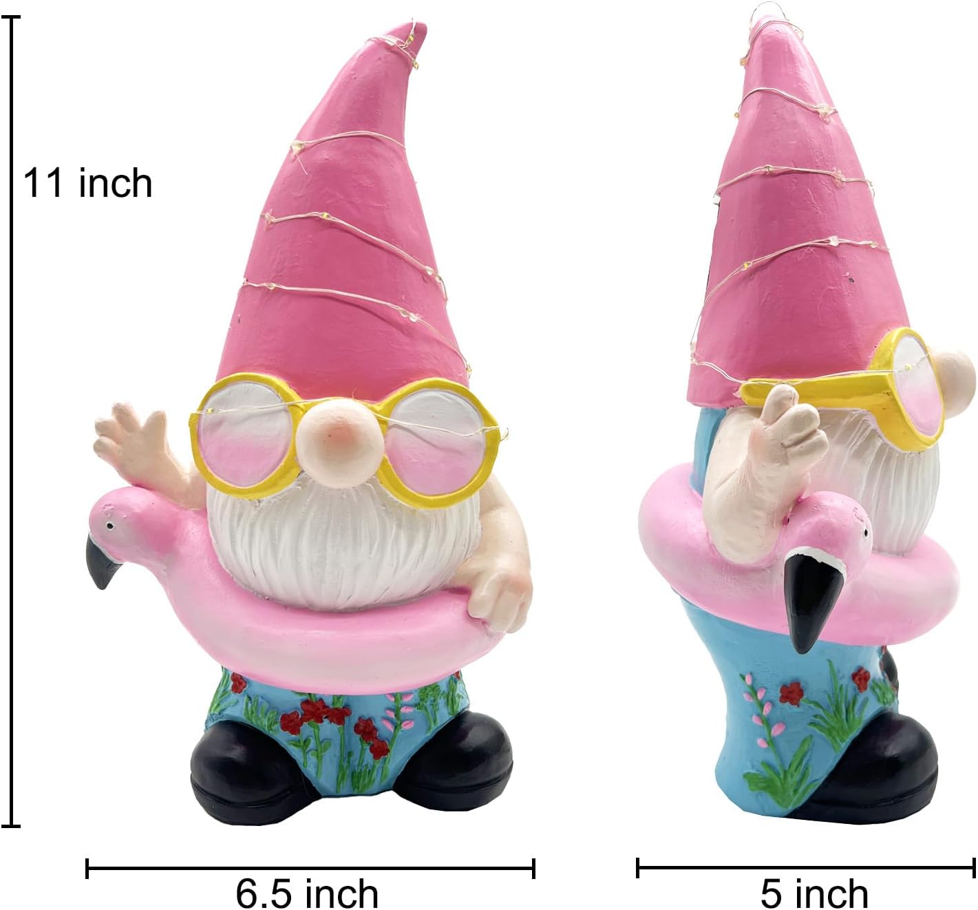 BAYN Garden Gnome Statues Outdoor Decor, Solar Powered Outdoor Gnome with Flamingo Swimming Decorative Yard Garden Lights Art Gifts with 11 Warm White LEDs