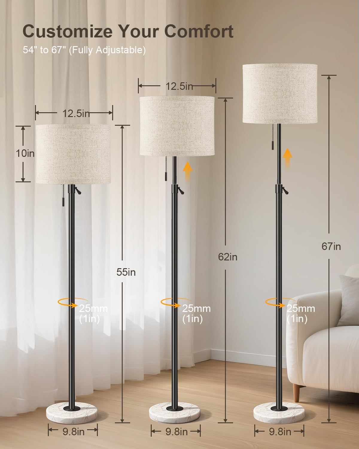 Floor Lamp for Living Room - Adjustable Height Standing Lamp with Marble Base & Linen Shade - Tall Pole Floor Light with 3 Color Temperatures Bulb for Bedroom, Reading - Easy Assembly