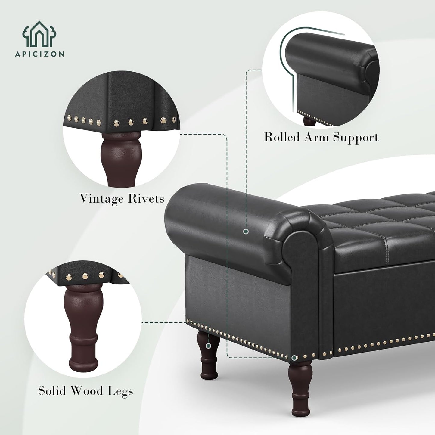 Apicizon 51”Storage Benches, Queen Size Faux Leather Bed Bench with Tufted Button, Upholstered Bench with Rolled Arm and Vintage Rivets for Foot of Bed, Living Room, Entrance，Black