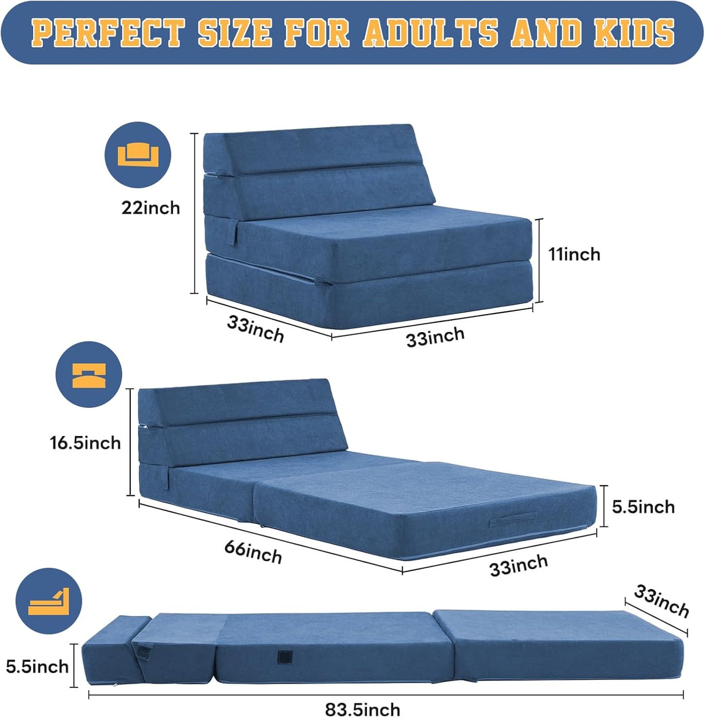 jela Foldable Sofa Bed Soft Foam Convertible Sleeper Chair Luxury Miss Fabric Fold Out Chair Bed Floor Couch with Back Support Floor Sofa for Living Room Bedroom (83"x33",Navy)