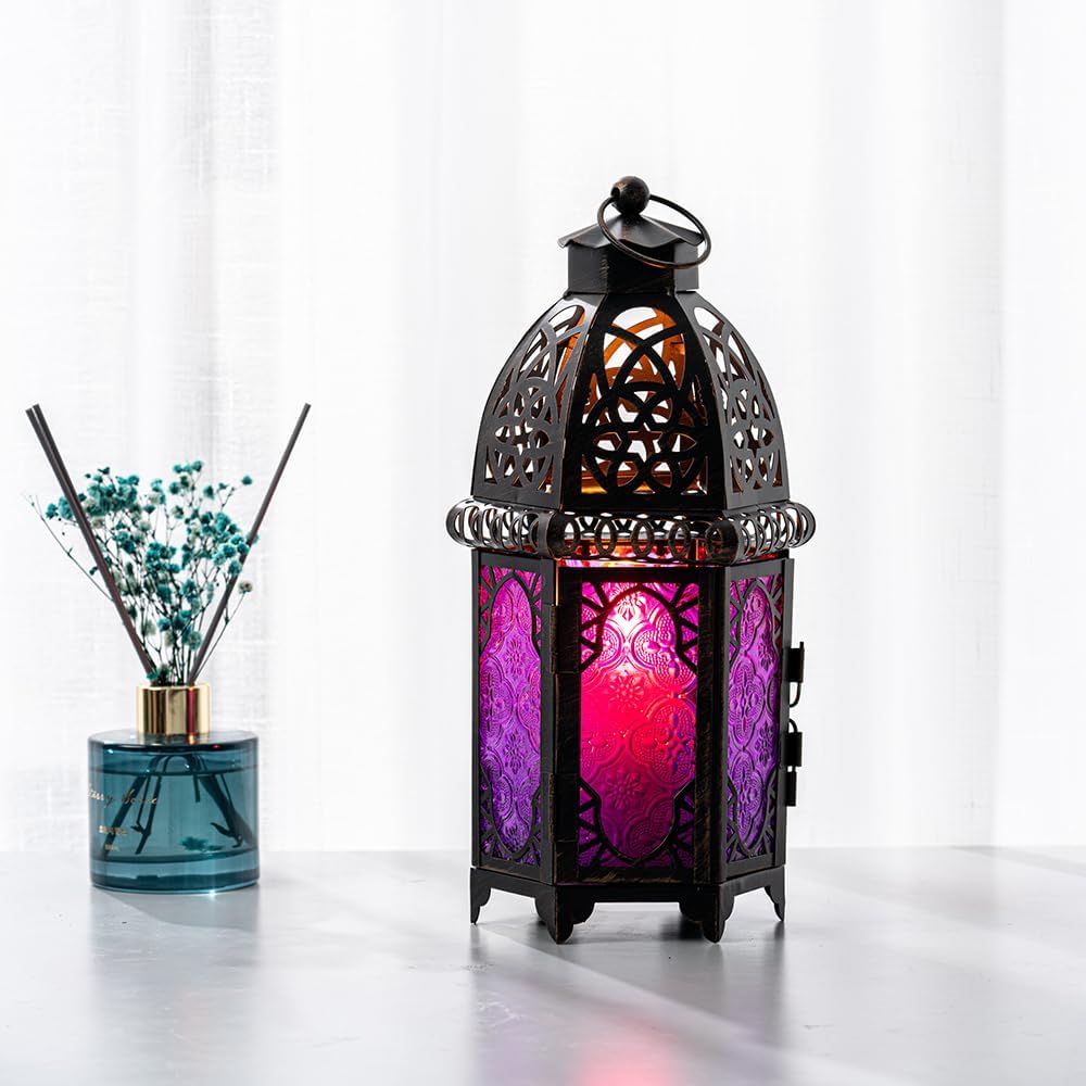NEEDOMO Moroccan Candle Lantern, 12.8'' Hanging Lanterns Decorative Indoor Outdoor, Vintage Candle Holder for Chritsmas, Halloween, Table, Patio, Porch, Shelf, Gothic Home Decor (Purple)