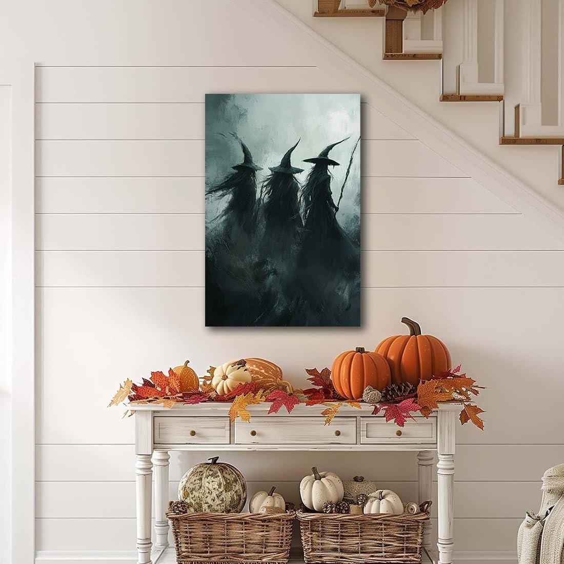 Gothic Witchs Horror Halloween Wall Art,Three Witches in Moody Forest Painting Wall Decor,Autumn Spooky Witches Forest Canvas Printing For Gallery Living Room Bedroom,24"x36" Framed