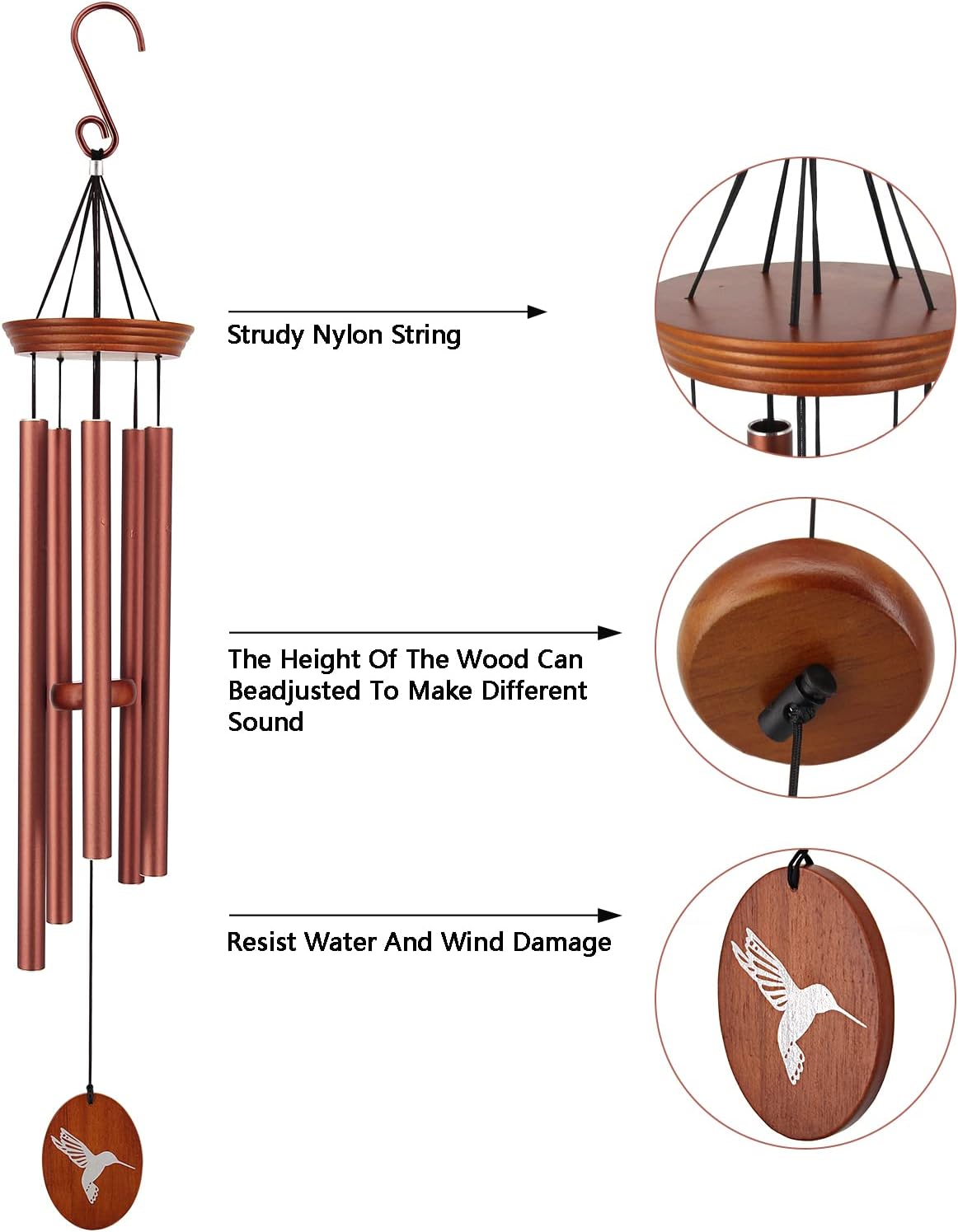 Hummingbird Outdoor Wind Chimes - 33" Tall, Tuned Melody, Memorial Gift for Mom/Grandma, Weather-Resistant, Perfect Decoration for Patio, Garden, Yard & Indoors