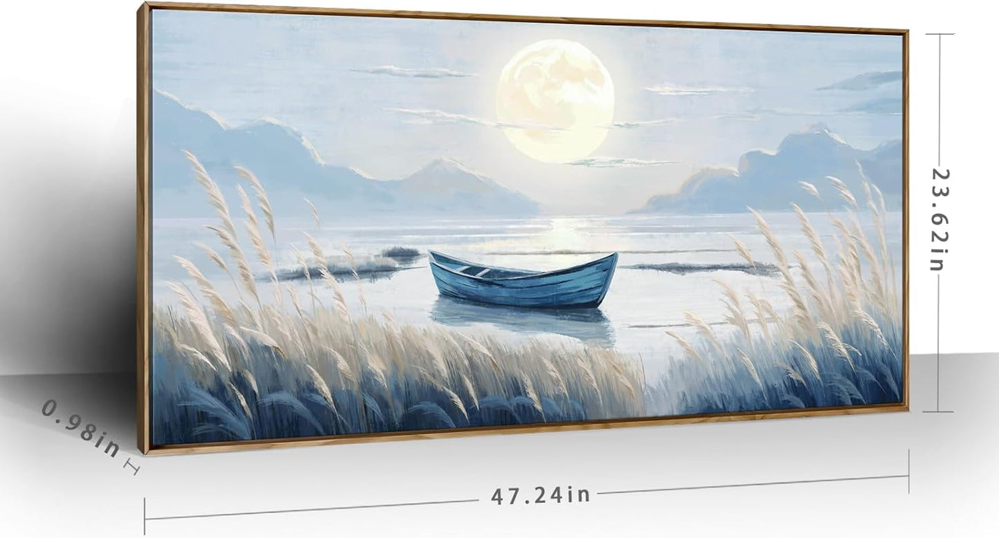 amatop Large Framed Wall Art Bedroom Living Room Decor Blue Boat Moonlight Coastal Seascape Picture Landscape Decorative Canvas Print Tranquil Night Ocean Lake Scene Artwork Nautical Wall Decor 48x24