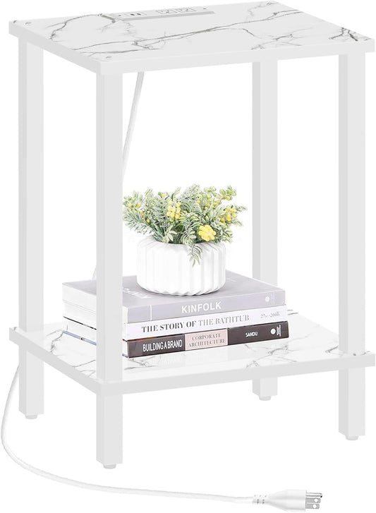 TUTOTAK End Table with Charging Station, Small Side Table with Outlets, Nightstand Bedside Table, 2-Tier Storage Shelf for Small Space, Living Room, Bedroom, Marble White TB01BMW040