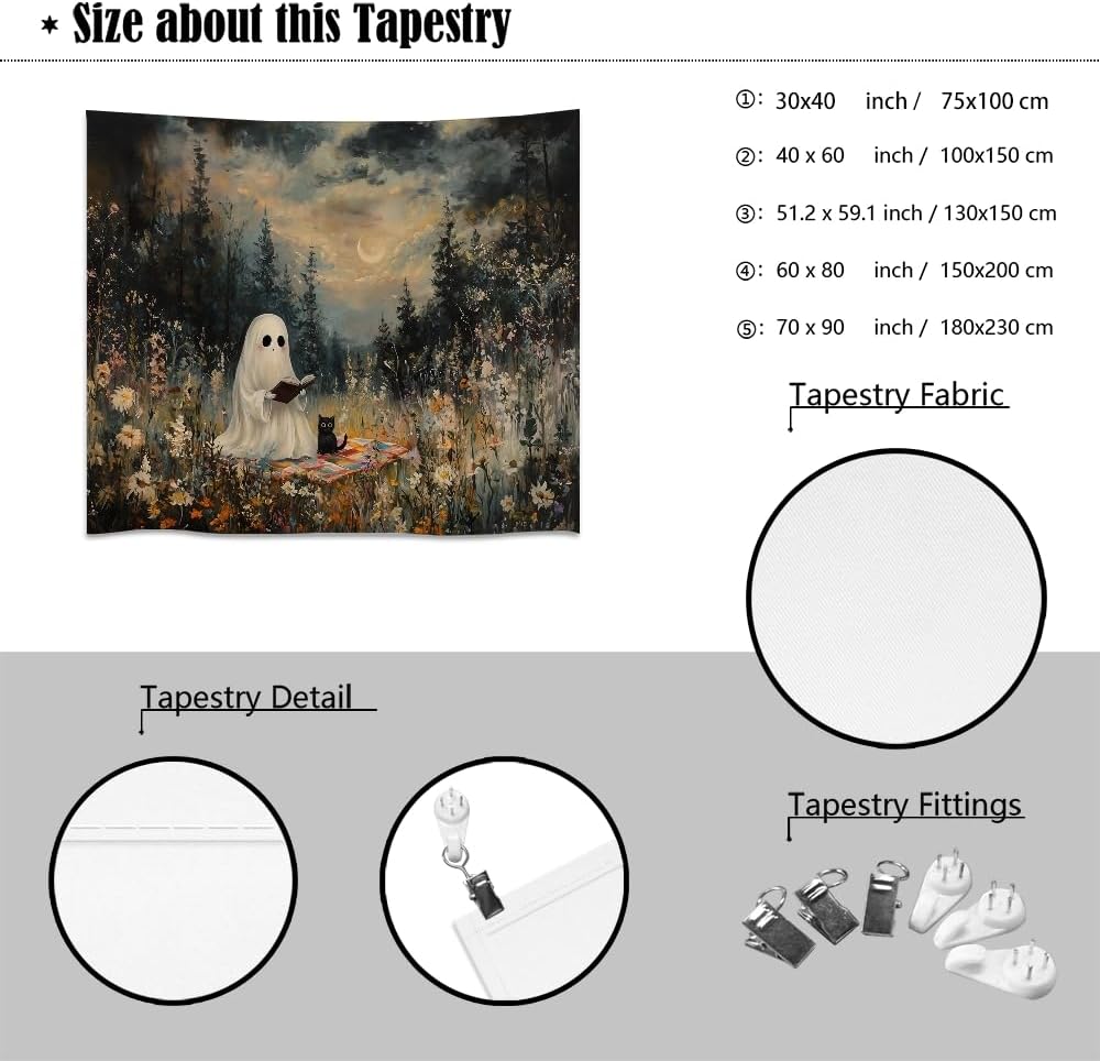 Halloween Ghost and Black Cat Tapestry Wall Hanging Spooky Ghos Reading Book in Wildflowers Wall Decor Halloween Witchy Room Aesthetic Tapestries for Goth Living Room Bedroom Decoration 70x90inch