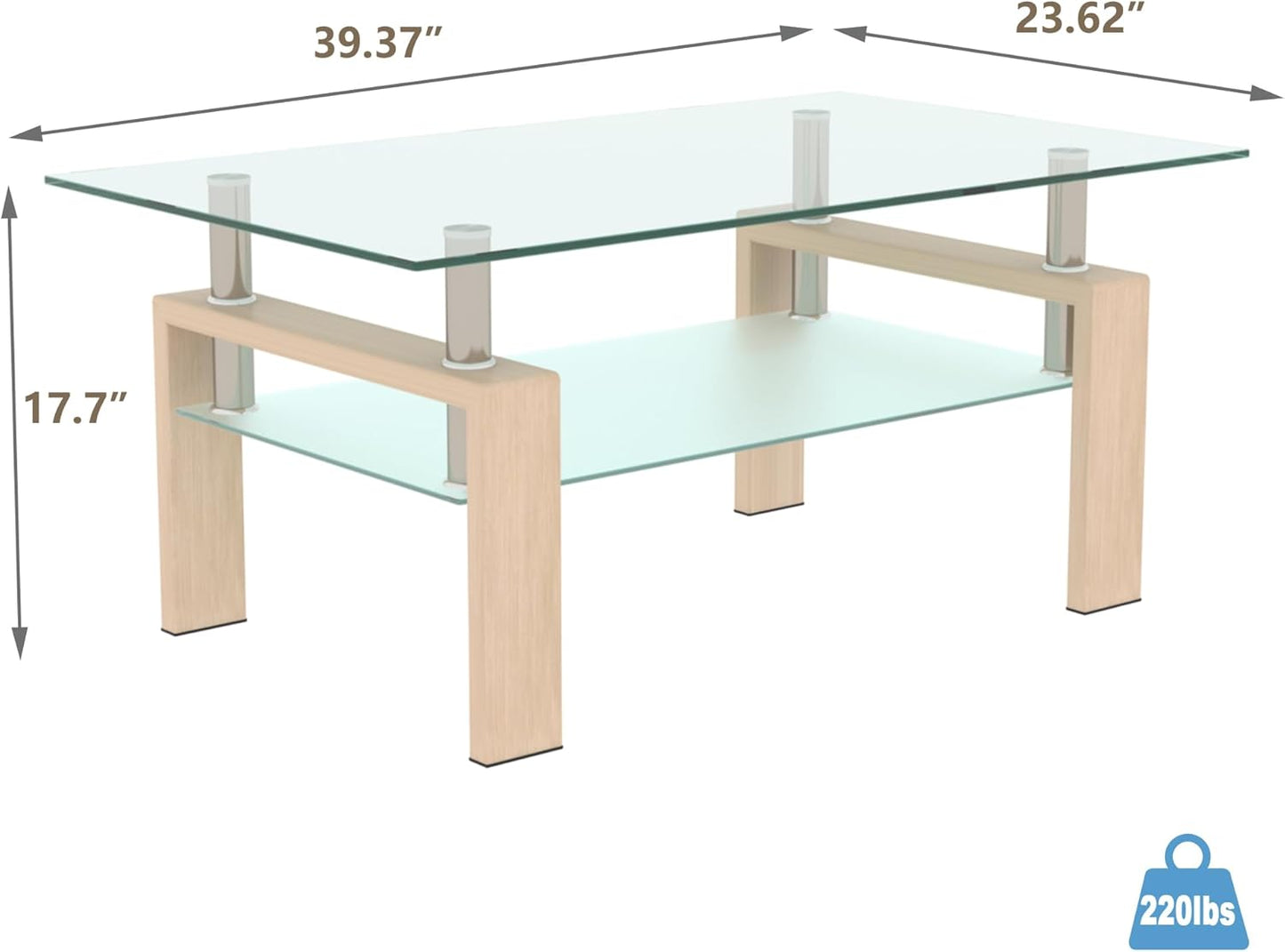 Glass Coffee Table Rectangle Living Room Center Table, 39inch Transparent Tempered Glass Tabletop and Beige Wood Grain Metal Legs, Beige + Clear Glass