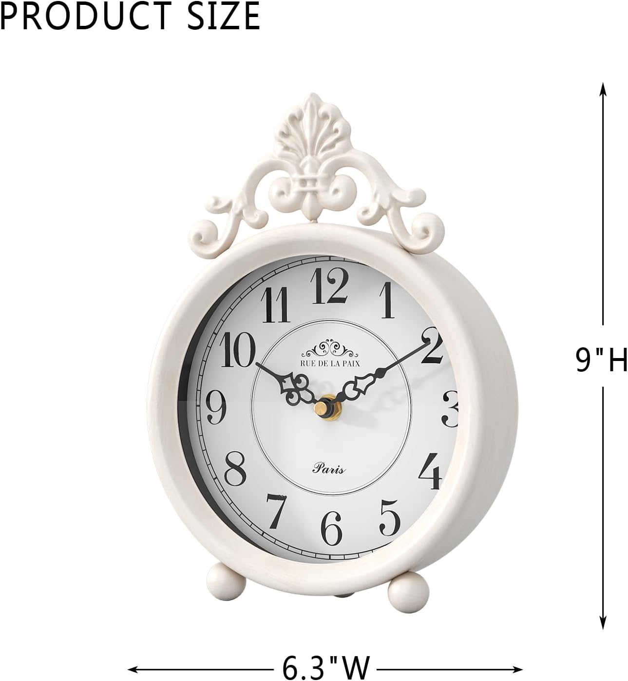 Vintage White Table Clock, Desk and Shelf Mantel Clock, French Rustic Antique Style Decor Clocks, for Farmhouse, Bedroom, Living Room, Bedside, Gift (9" H x 6.3" W)