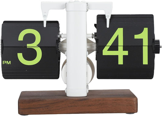 Flip Desk Clock, Retro Vintage Flip Desk Table Clock, Digital Clock Sided Large Numbers Mechanical Flip Clock Wood Base for Living Room, Study Room and Office（Frosted White）