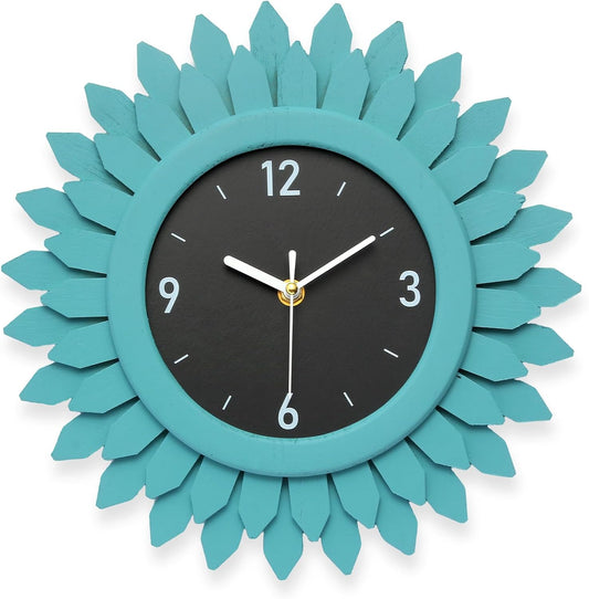 Honiway Wall Clock Battery Operated 12 Inch Rustic Wood Beach Sunburst Decorative Wall Clock Silent Non-Ticking Coastal Wall Decor Clocks for Living Room Kitchen Bathroom Bedroom (Cyan)