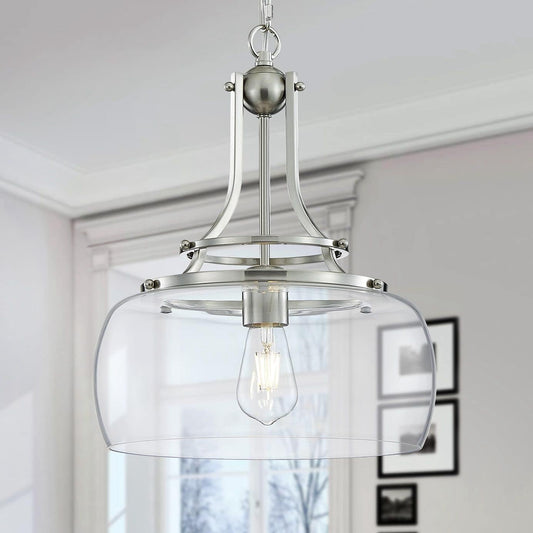 WUZUPS Chandelier Rustic Farmhouse Industrial Round Ceiling Pendant LED Light Fixture with Clear Glass Shades for Dining Room Kitchen Island Foyer Entryway, H 17" x W 13.4", E26 Base, Brushed Nickel