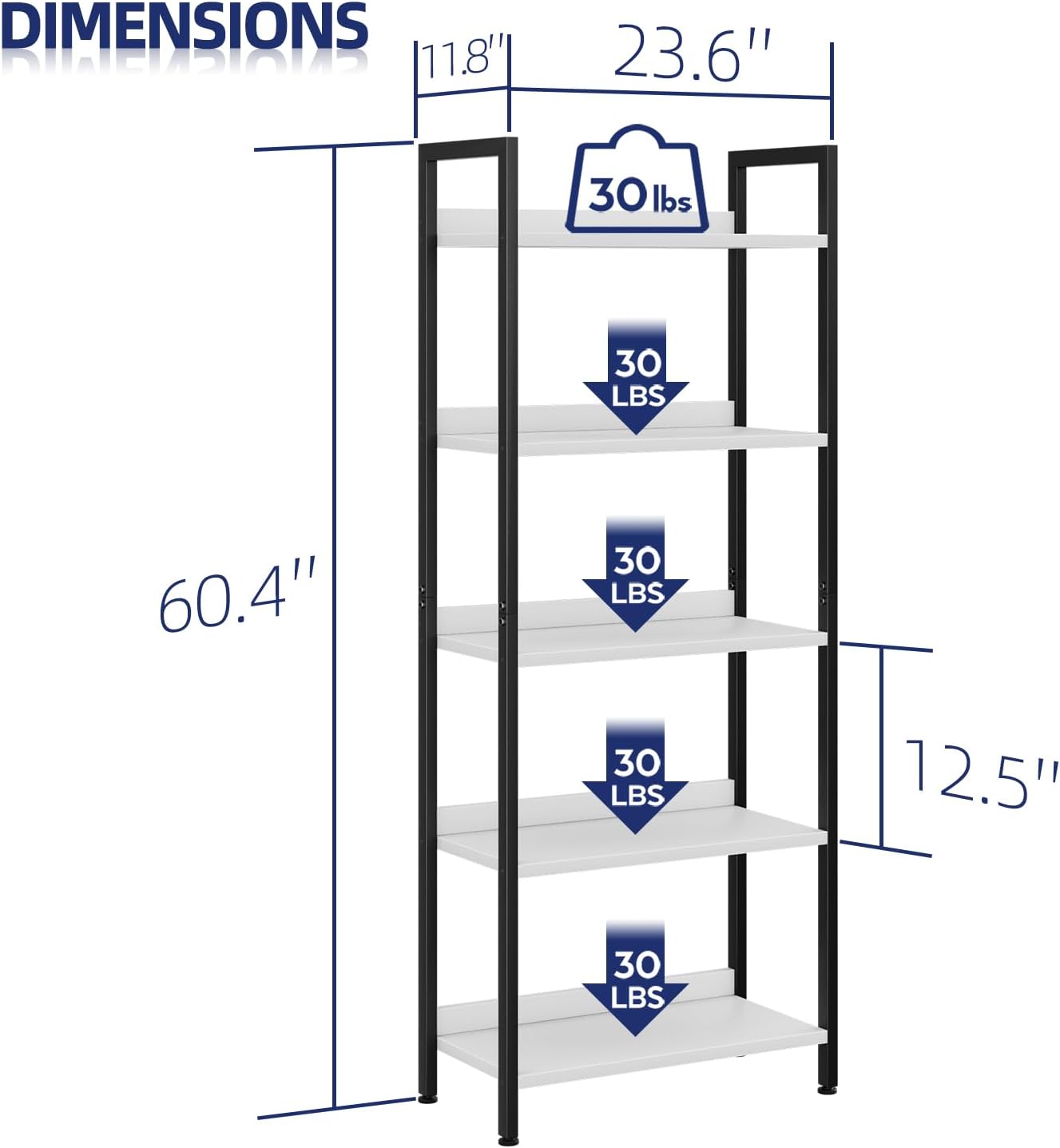 NUMENN Bookshelf, 5 Tier Bookshelves, Home Office Bookcase Shelf Storage Organizer, Free Standing Storage Shelving Unit for Bedroom, Living Room and Home Office, White&Black