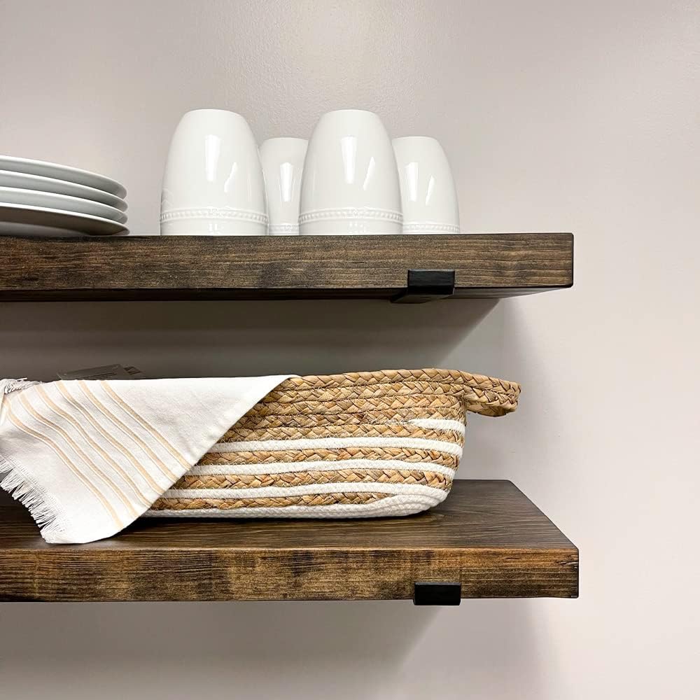Rustic Shelves with J-Brackets Set of 2, Industrial Shelf, Kitchen Shelves, Solid Wood, Decorative Wall Storage, Heavy Duty, URBANDI (Dark Brown, 12Wx12D)