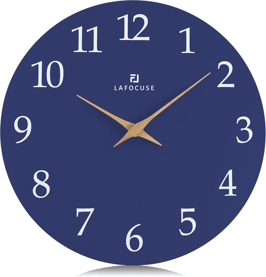 Lafocuse 12 Inch Silent Navy Blue Wall Clock Battery Operated, Wooden, Simple, Minimalist, Kitchen, Living Room, Bedroom, Office, Home Décor