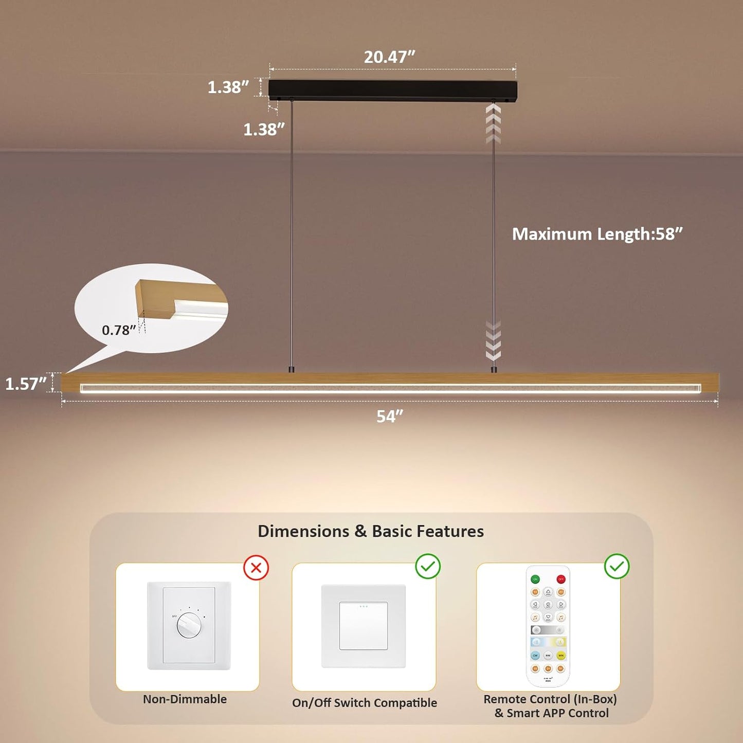54" Linear Pendant Light Aluminum, 40W Gold Dimmable Kitchen Island Lighting with Remote & App Control, Adjustable CCT (3000K-6000K), Modern Chandelier for Home Office Dining Room Study
