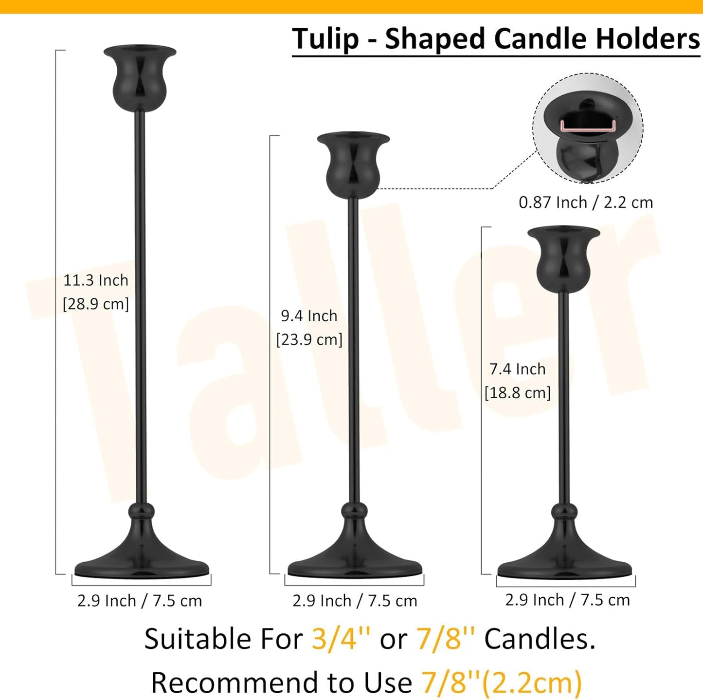 Taper Candle Holder Tall Vintage Metal Candlestick Holders Candle Stick Candelabra for Halloween Thanksgiving Christmas Holiday Wedding (Matt Black, 1 Set (3 pcs))