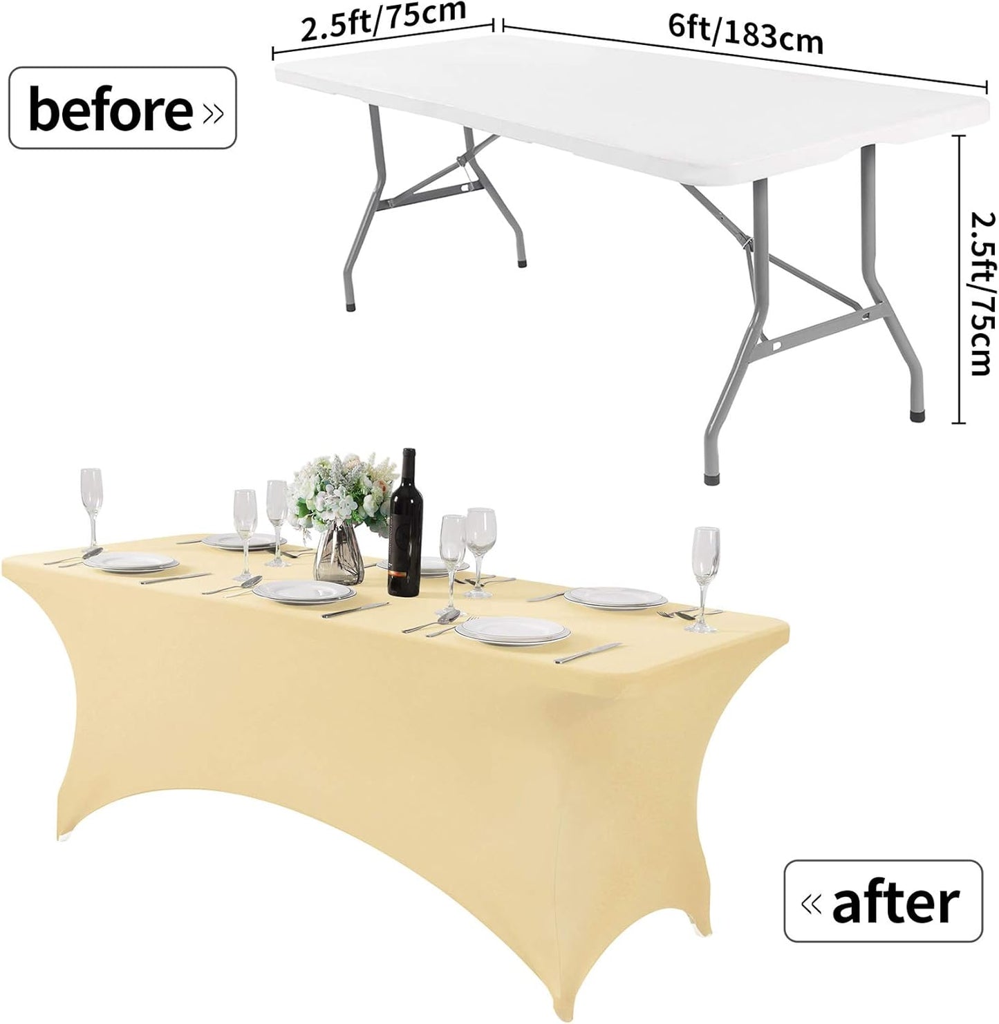 2Pack Spandex Table Cover for 6Ft or 4fT or 8ft Table Universal Fitted Stretch Tablecloth for Party, Banquet, Wedding and Events-Champagne