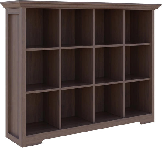 Cube Shelf Bookcase with Base - Wooden 3 Tiers Floor Standing Low Storage Cabinet for Home and Office, 12-Cube Lattice Bookshelf, Walnut