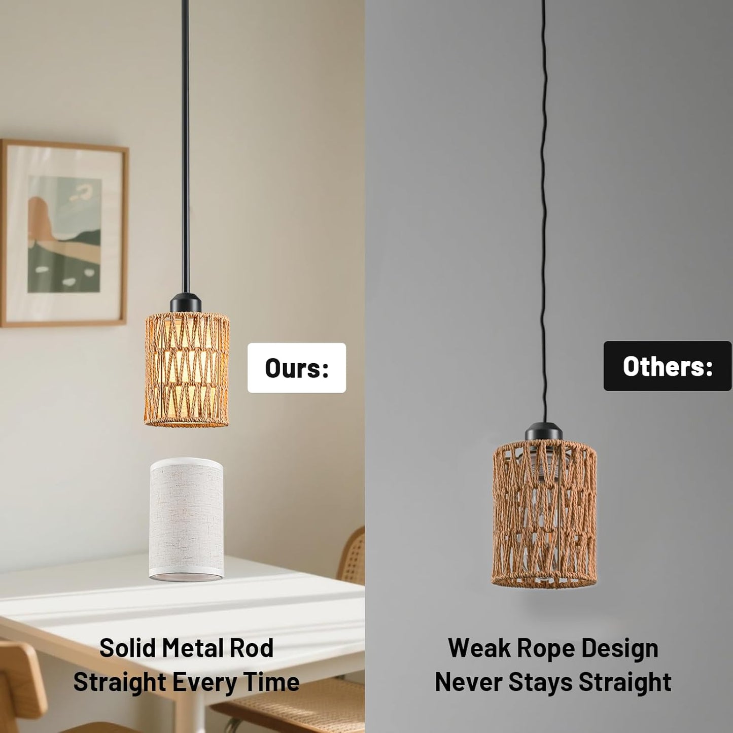 Pendant Light Boho Hanging Lamp - Rattan & Linen 2-in-1 Shade, Adjustable Hanging Lights Fixture for Kitchen Island, Dining Room, Farmhouse, Bedroom (2 Pack)