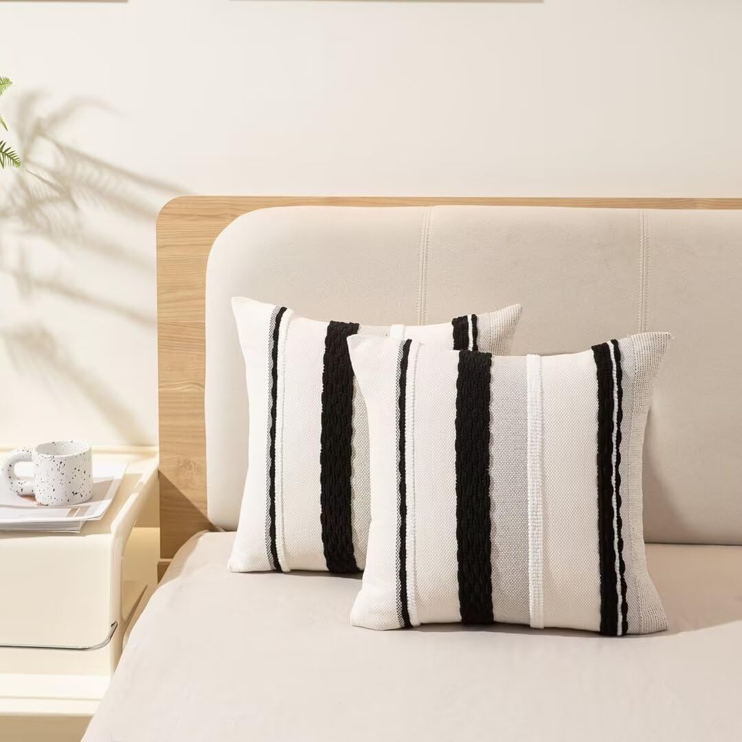 Boho Throw Pillow Covers 18x18 Set of 2 Farmhouse Decorative Cushion Case Striped Square Pillows Cover Chenille Pillow Cases Accent Neutral Pillowcase for Sofa Couch Bed,Black and White