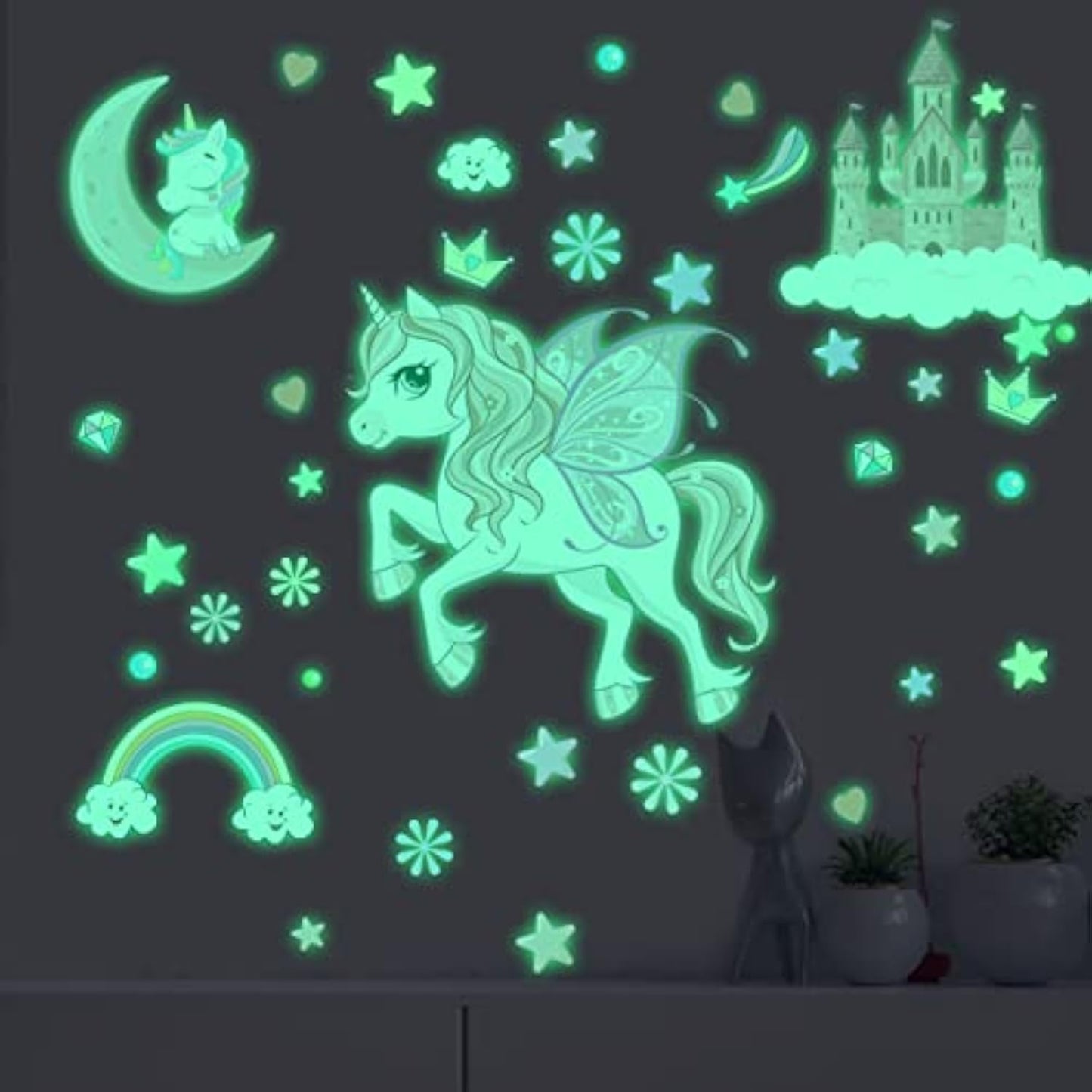 Glow in The Dark Stars Unicorn Wall Decals, Castle Moon Rainbow Stickers for Ceiling, DIY Unicorn Wall Decor for Nursery Girls Playroom, Kids Christmas Birthday Party Decoration