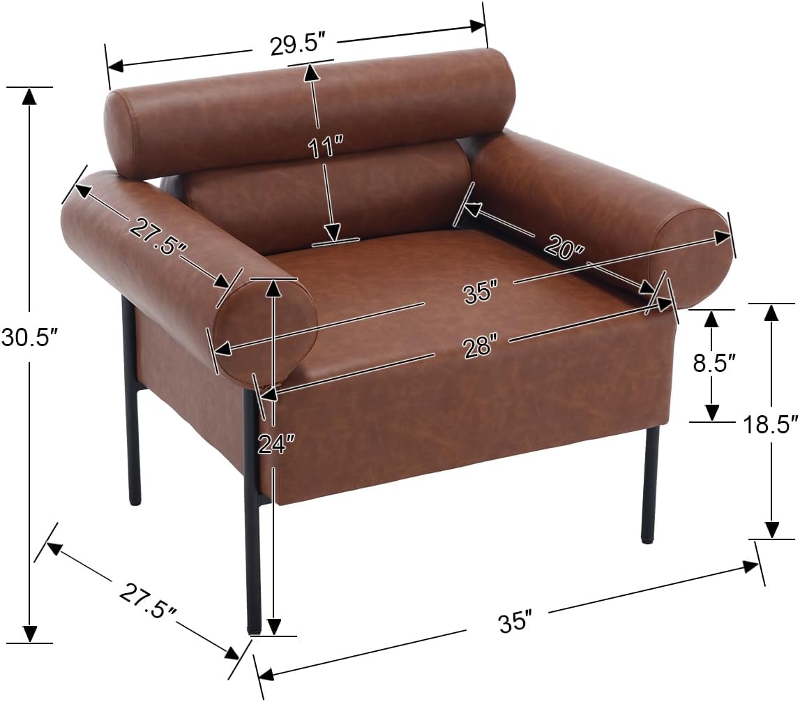 Modern Accent Chair, Single Sofa Accent Chair for Living Room, Upholstered Leather Mid-Century Modern Armchair, Oversized Reading Chair with Channel Tufted for Bedroom, Office, Brown