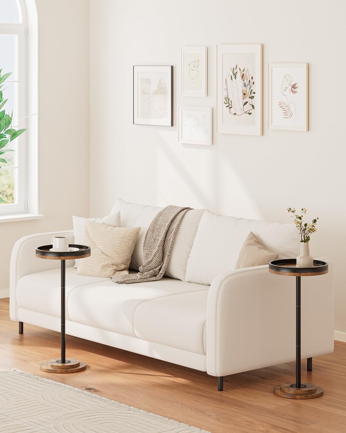 Masupu Drink Table, Round Side Table for Small Spaces, Pedestal Small End Table with Metal Base, for Living Room, Bedroom, Bathroom, Rustic Brown+Black(Lip)