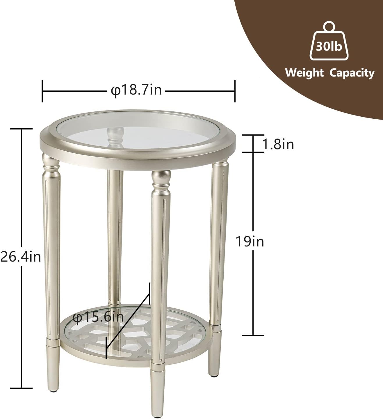 COSIEST Set of 2 Modern Round End Table, 2-Tier Glass Side Table with Glass Tabletop, Wood Accent Table with Storage Shelf for Living Room, Bedroom