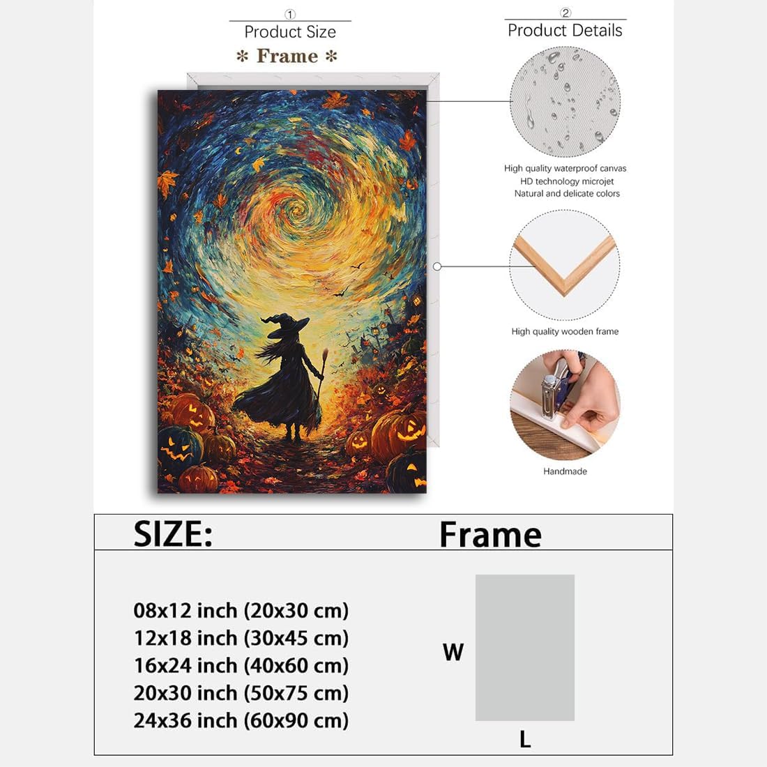 Halloween Autumn Witchy Decor Wall Art Prints,Gothic Witch in Whirlwind Autumn with Pumpkins Scene Pictures Poster,Fall Festival Home Decor Painting Canvas Poster for Bedroom Bathroom,24"x36" Framed