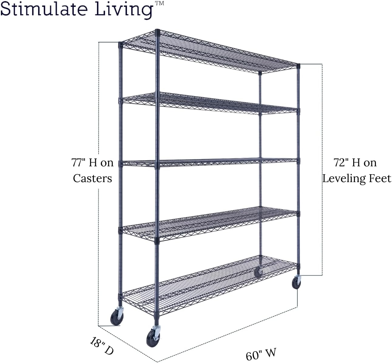 60"x18"x72" Prime Heavy Duty Black 5-Tier Wire Shelving NSF 4000 LBS MAX Capacity Storage Rack for Commercial, Hospital, School, Garage, and Kitchen Uses (with Wheels)