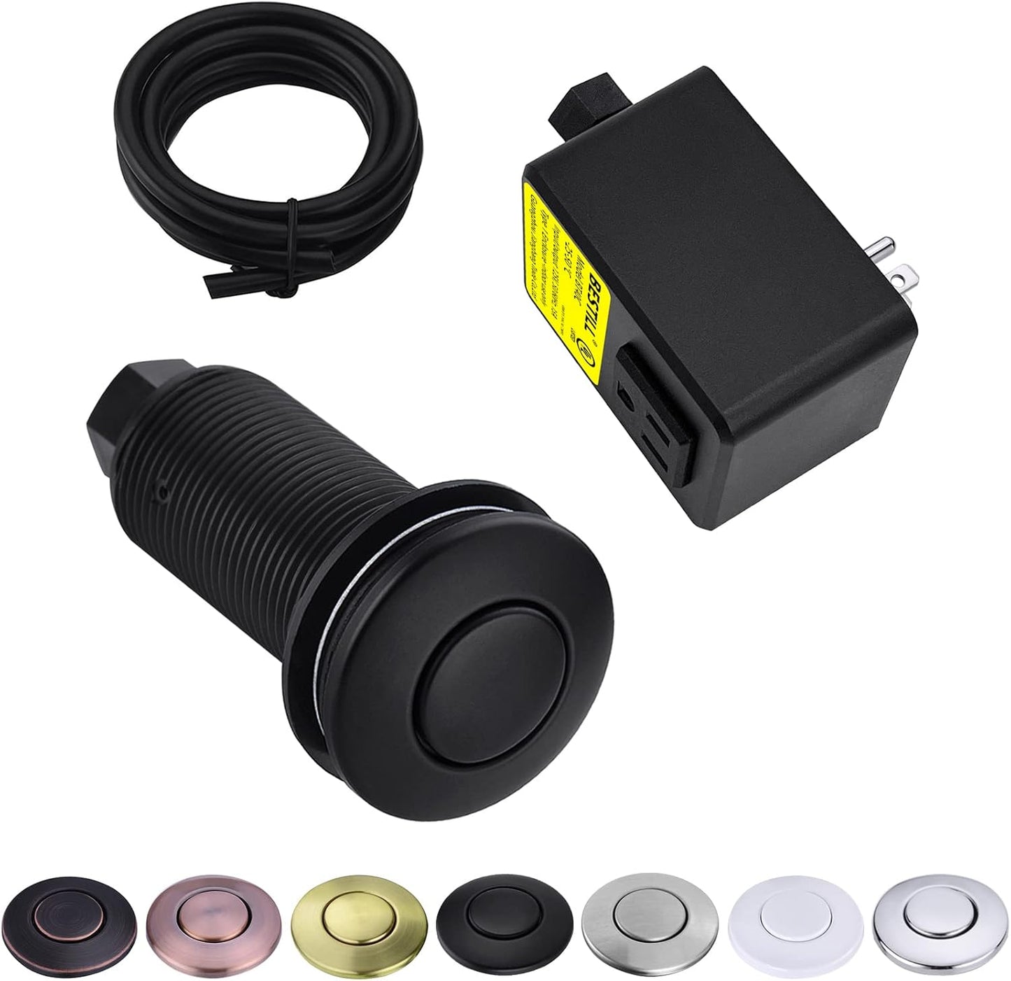 BESTILL Garbage Disposal Sink Top Air Switch Kit with Single Outlet, Matte Black 3.6" Long Push Button with Brass Cover, UL Listed, Compatible with all Garbage Disposals