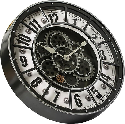 18 Inch Wall Clock with Moving Gears, Oversized Large Industrial Steampunk Decoration, Antique Metal Big Numeral Wall Clocks for Kitchen Study Room Living Room Decor (Industrial Metal Silver-White)