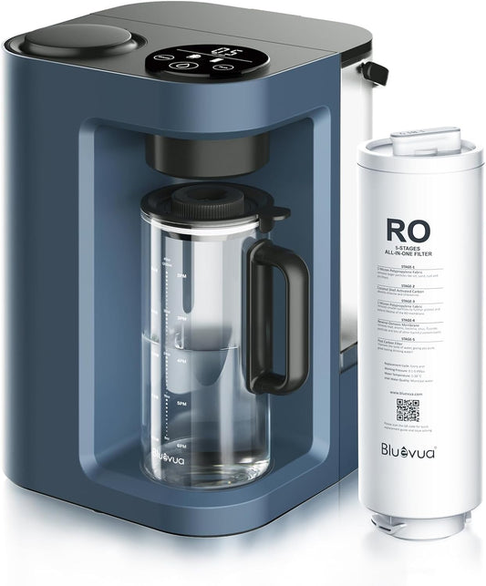 Bluevua RO100ROPOT-LITE Countertop Reverse Osmosis Water Filter System, 5 Stage Purification, 3:1 Pure to Drain, Portable Water Purifier (No Installation Required) (Blue)