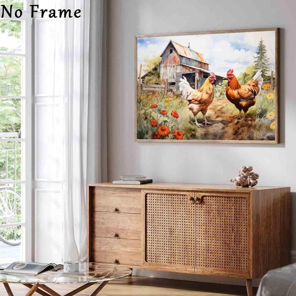 Chicken Farm Wall Art Rustic Country Painting Chickens Pictures Vintage Countryside Canvas Wall Art Barn Rustic Farmhouse Pictures Animals Wildflower Painting Living Room Decor 16x24inch No Frame