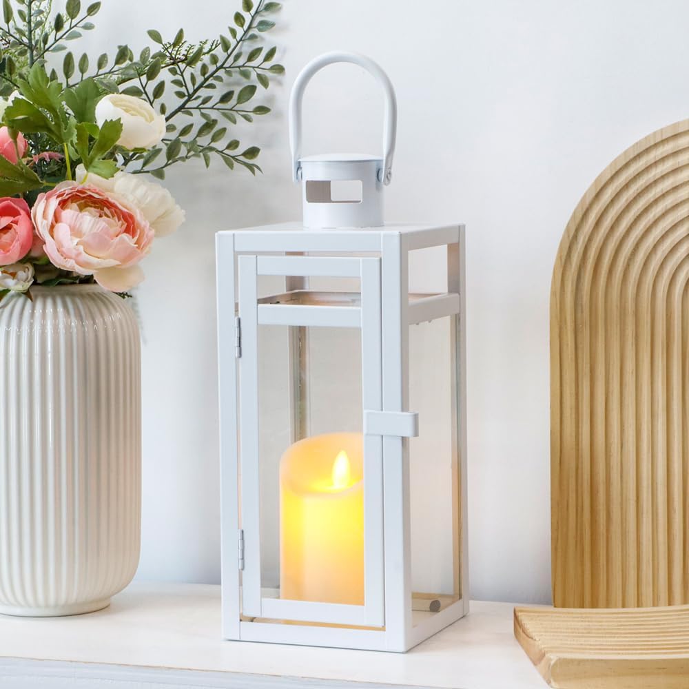 TRIROCKS Stainless Steel Decorative Lantern 12'' High Metal Candle Holder with Clear Glass Panels Perfect for Home Decor Living Room Parties Events Tabletop Indoor Outdoor (White)
