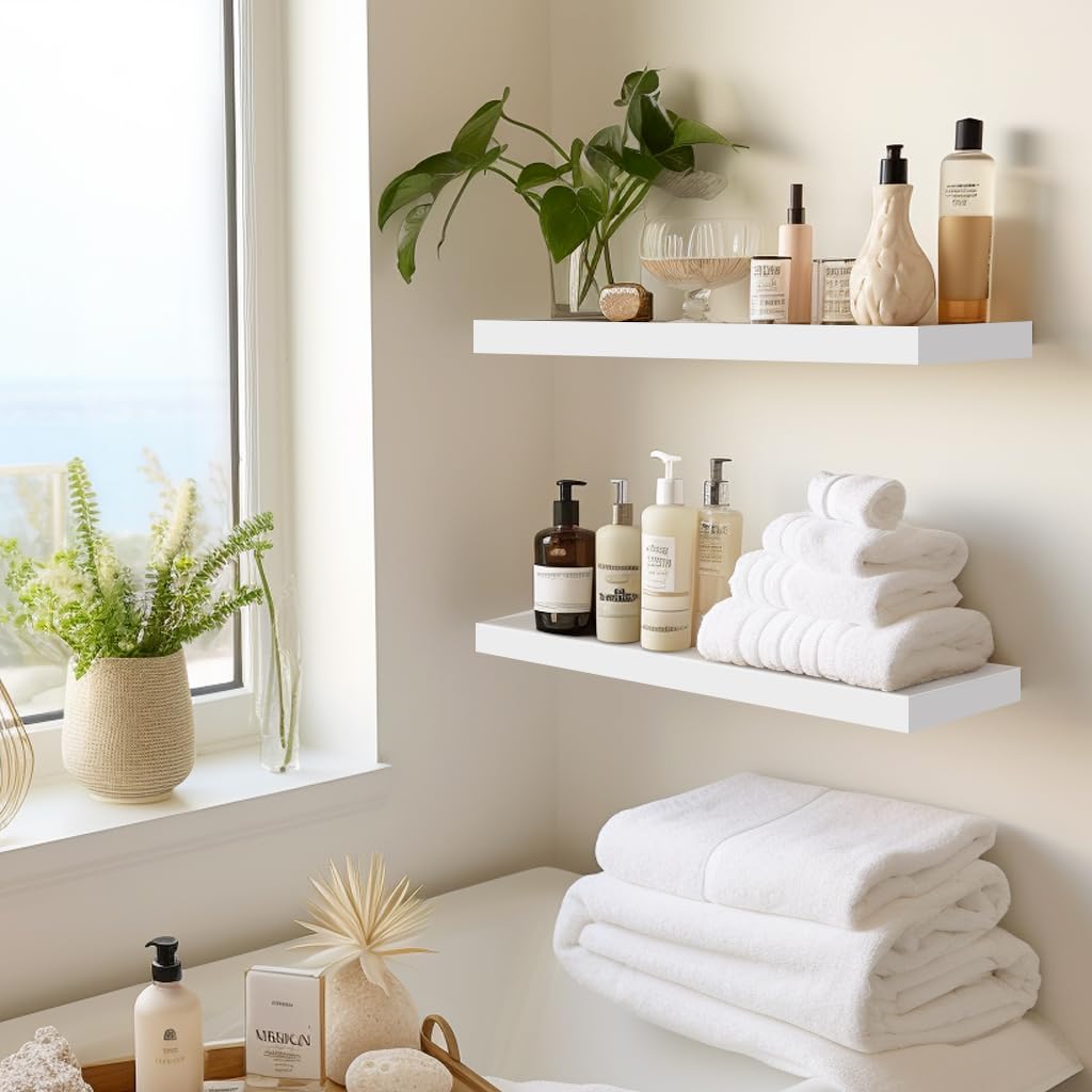 LaVie Home Floating Shelves, 15.6 Inch Wall Shelf Set of 3, Hanging Shelf with Invisible Brackets, Wall Decor for Bathroom, Bedroom, Living Room, Kitchen Storage, Modern White