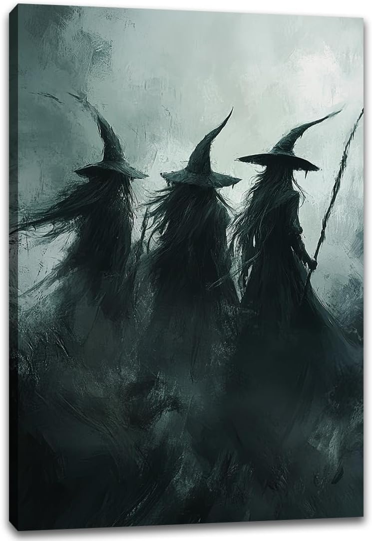 Gothic Witchs Horror Halloween Wall Art,Three Witches in Moody Forest Painting Wall Decor,Autumn Spooky Witches Forest Canvas Printing For Gallery Living Room Bedroom,24"x36" Framed