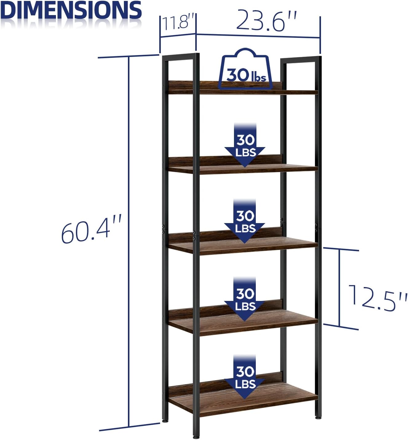 NUMENN Bookshelf, 5 Tier Bookshelves, Home Office Bookcase Shelf Storage Organizer, Free Standing Storage Shelving Unit for Bedroom, Living Room and Home Office, Dark Walnut