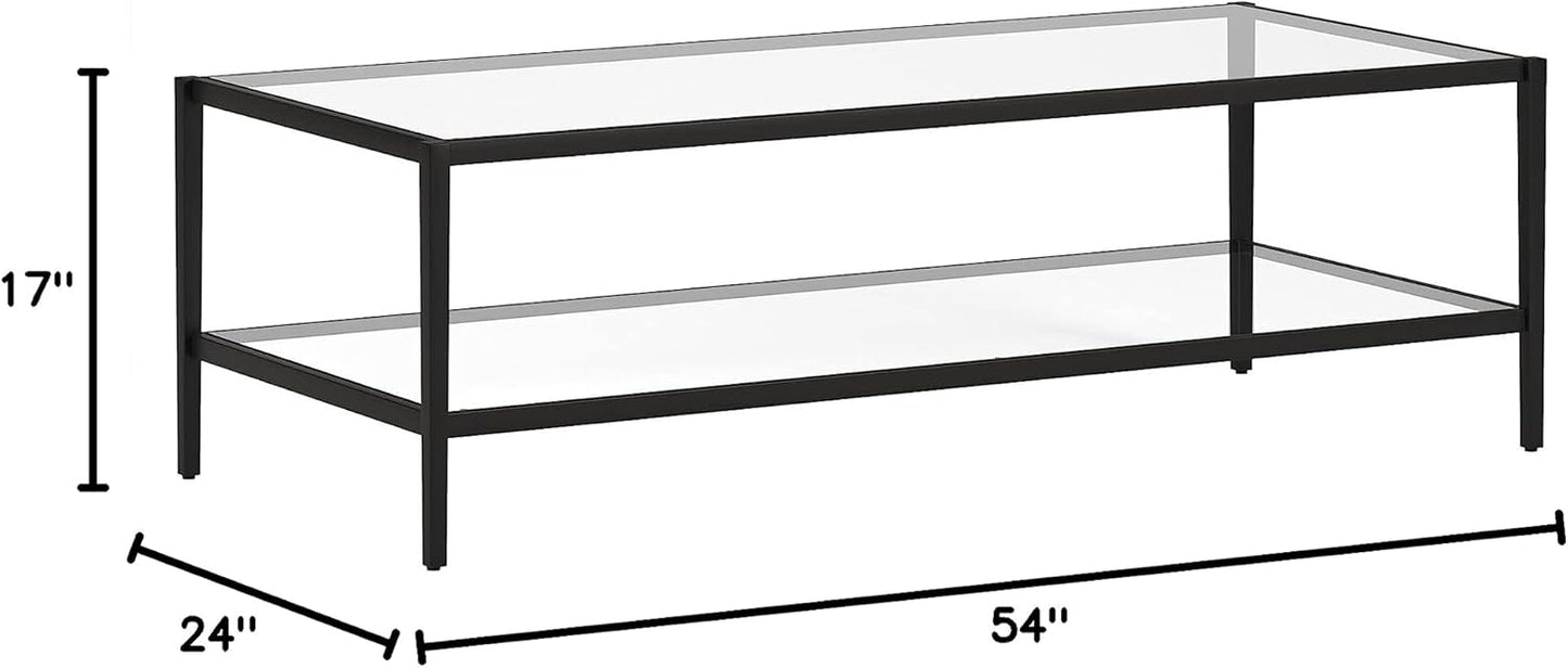 Henn&Hart 54" Wide Rectangular Coffee Table with Glass Shelf in Blackened Bronze, Modern coffee tables for living room, studio apartment essentials