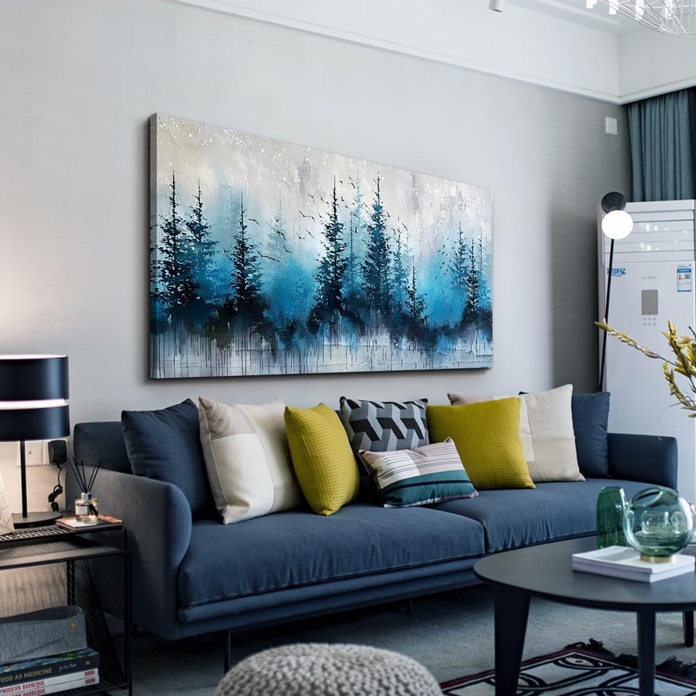 hyidecorart Large Wall Art For Living Room Framed Wall Decor For Office Bedroom Decoration Scenery Abstract Wall Painting Misty Forest Trees Pictures Artwork Canvas Prints Home Room Decor 48"X 24"