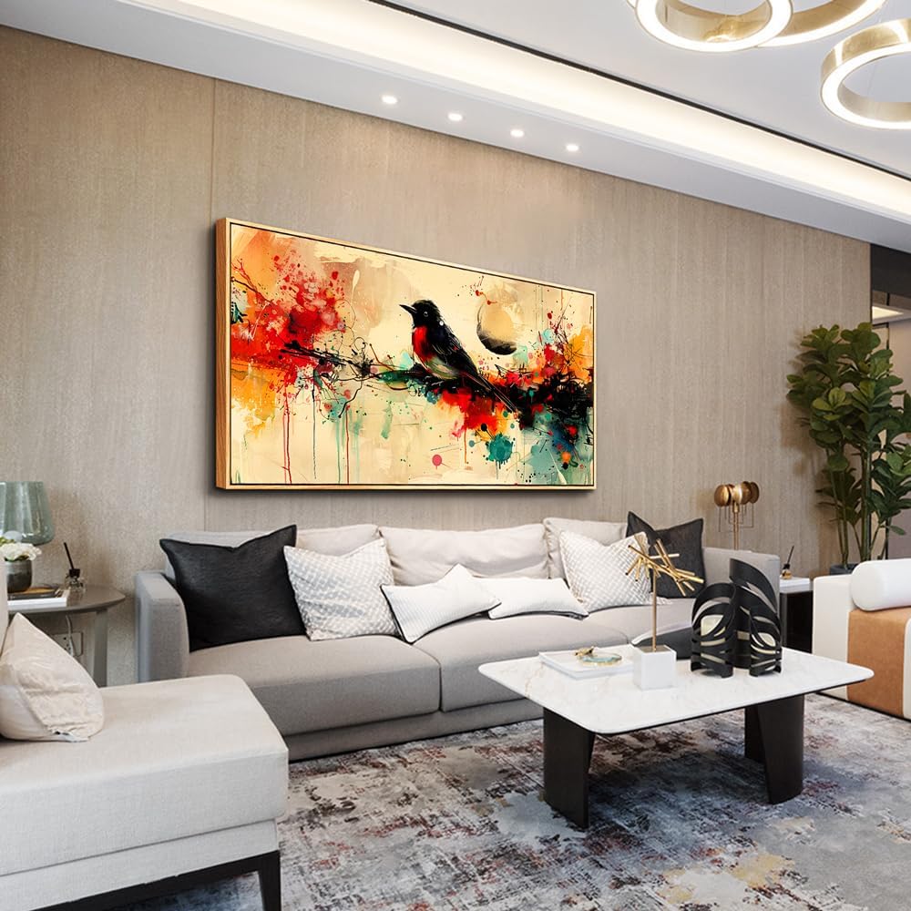 hyidecorart Wood Framed Wall Art For Living Room Large Wall Decor For Bedroom Office Home Wall Decor Pictures Posters Artwork Abstract Watercolor Bird Painting Hotel Canvas Art Room Decoration
