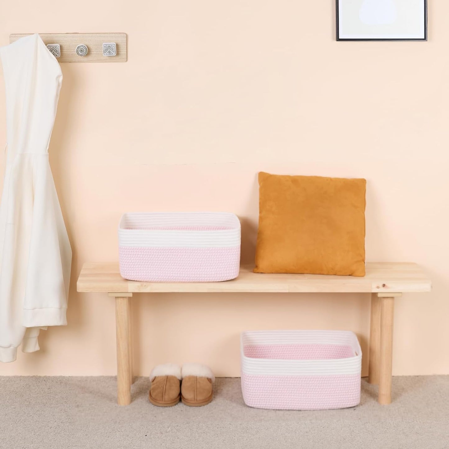 Large Storage Baskets for Organizing, Closet Shelf Baskets for Clothes Blanket Towels, Baby Nursery, Toy Bins Box, Woven Rope Baskets, 17 x 13 x 7.5”, 4 Packs Woven Pink