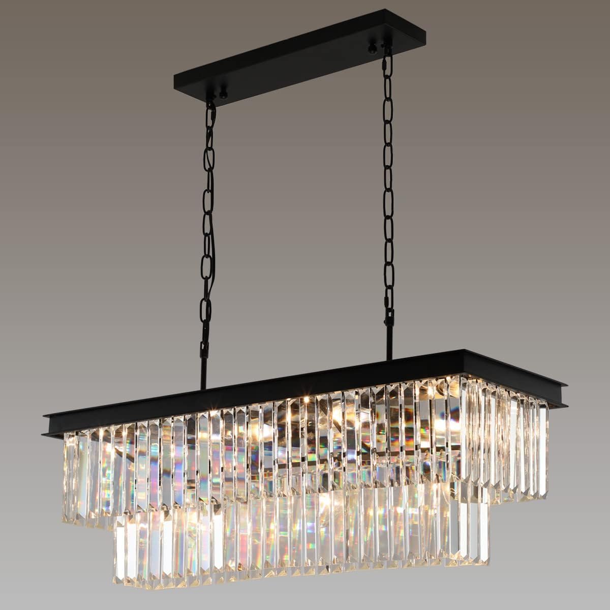 Crystal Chandeliers for Dining Room 11-Light Black Modern Chandelier Rectangle Contemporary Pendant Light Fixture for Kitchen Island Bar L33.5 Inch