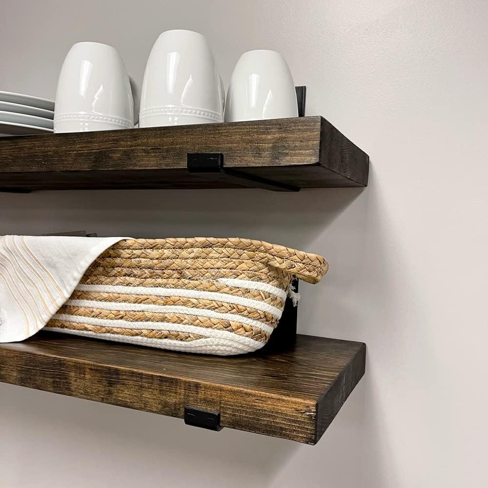 Rustic Shelves with J-Brackets Set of 2, Industrial Shelf, Kitchen Shelves, Solid Wood, Decorative Wall Storage, Heavy Duty, URBANDI (Dark Brown, 36Wx10D)